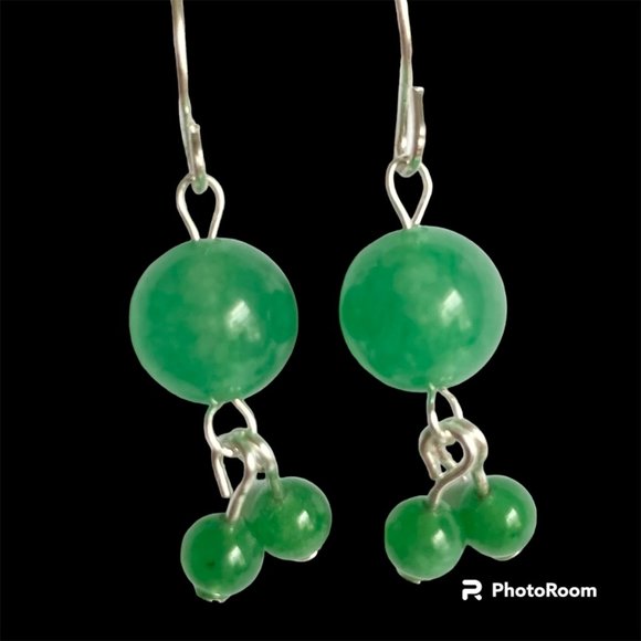 Green Jade Stone Earrings Silver Plated Dangle Round Bead Malaysian Light 2-6mm - Picture 2 of 9